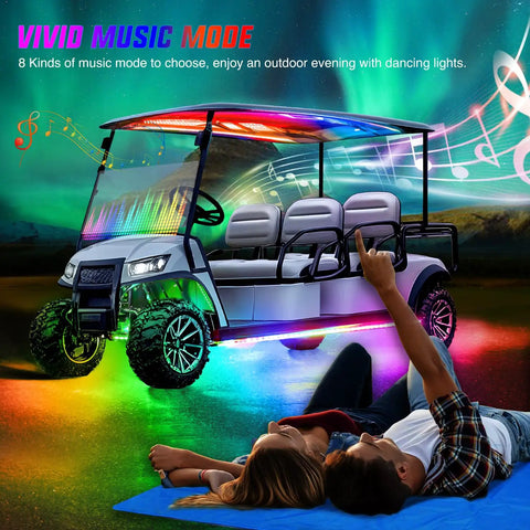 6 Piece Underbody LED Light Kit For Golf Carts With Canopy Lights Dream Color Neon Accent Lights App Remote Control Sound Active Music Sync IP67 Waterproof 12V-66V Compatible For EZGO Yamaha Club Car installed on a golf cart, showing vivid colors and music sync feature.
