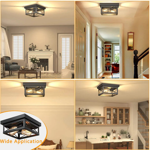 2 Light Flush Mount Square Industrial Black Ceiling Light Fixture With Vintage Farmhouse Vibe in living room, dining area, and stairway