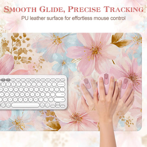 Pastel Pink Blue Floral Watercolor Desk Pad For Keyboard And Mouse Extended 31.5 Inch Wide Desk Mat With Non Slip Base Waterproof PU