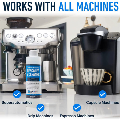 Universal Descaling Solution For Coffee Makers And Espresso Machines Made In The USA Works With Delonghi Keurig Breville Nespresso And All Automatic Brewers Powerful Mineral And Oil Deposit Cleaner Two Uses Per Bottle next to espresso and drip coffee machines.