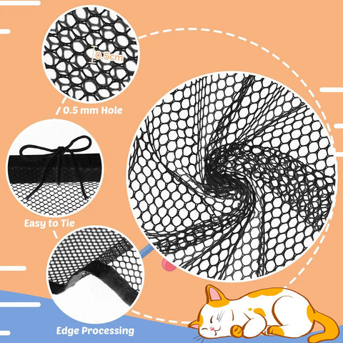 Pet Balcony Net For Cats And Dogs 16.5 Ft By 2.5 Ft Anti Fall Mesh Screen Black detail showing mesh design and tying method