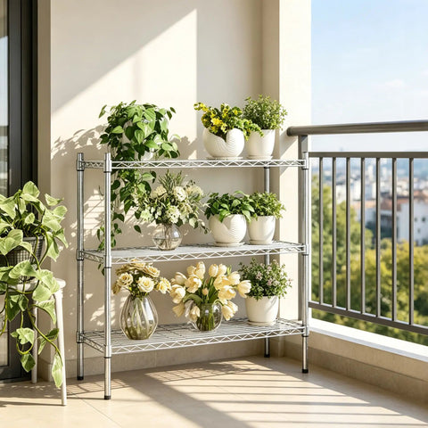 Three-Tier Heavy-Duty Chrome Wire Shelving Rack With Adjustable Shelves Space-Saving Storage Unit Holds Up To 250 Lbs Per Shelf 750 Lbs Total Rust-Resistant Waterproof Easy Assembly For Garage Kitchen Laundry on balcony with potted plants