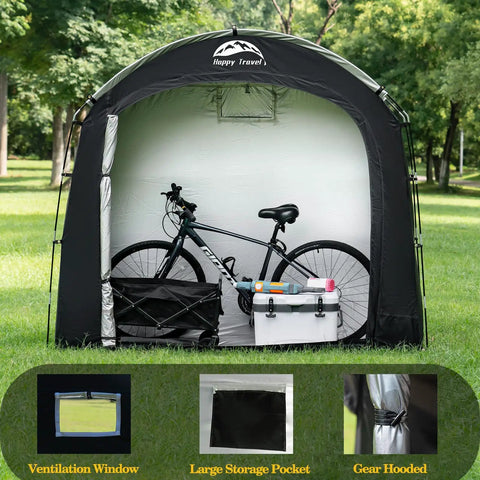All Weather Outdoor Bike Storage Shed Tent Waterproof Portable Bicycle Cover With Thirty Percent More Top Storage Space For Two To Five Bikes No Hassle Setup Shelter For Motorcycle Garden Tools And Lawn Mower in a garden.