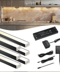 Six Pack Under Cabinet Lighting With Touch Control LED Light Bars, dimmable and color temperature adjustable, shown with accessories.