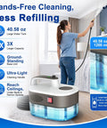 Quick Heat 10S Handheld Steam Cleaner, Chemical-Free Portable Steamer For Car, Grout, Tile, And Kitchen with 40.58 oz tank and user.