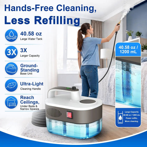 Quick Heat 10S Handheld Steam Cleaner, Chemical-Free Portable Steamer For Car, Grout, Tile, And Kitchen with 40.58 oz tank and user.