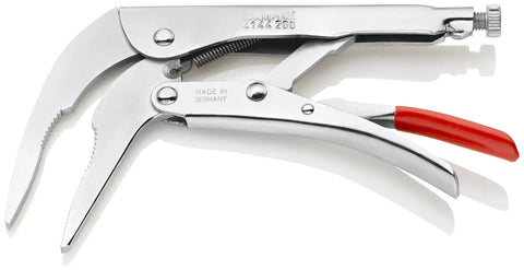 Angled 8 Inch Long Nose Locking Pliers With Toggle Action For A Grip That Holds Tight, chrome vanadium jaws, red handle