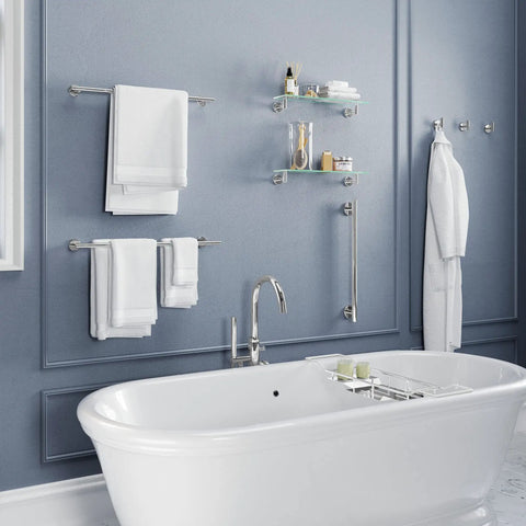 Latitude II 24-Inch Wall Mounted Towel Bar In Chrome For Modern Bathrooms above a bathtub with towels