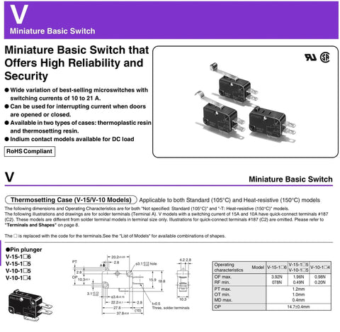 Micro Limit Switch V-15-1C25 15A 125 To 250 VAC Pack Of 2 Built Tough Industrial Grade Control Switch details and specifications sheet.