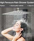 Wall Mounted 10 Inch Rain Shower System With Overhead Showerhead, woman showering under high pressure rainfall, brushed nickel finish
