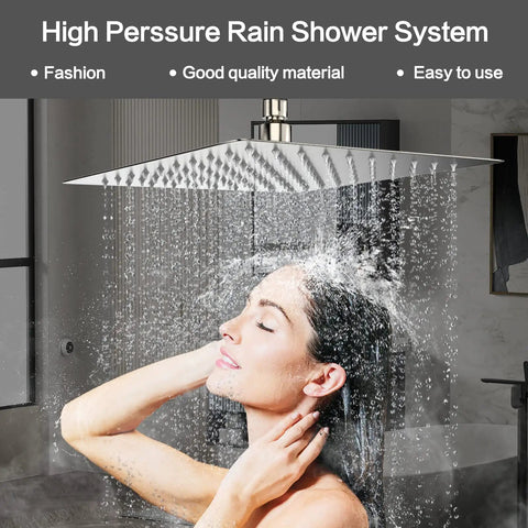 Wall Mounted 10 Inch Rain Shower System With Overhead Showerhead, woman showering under high pressure rainfall, brushed nickel finish