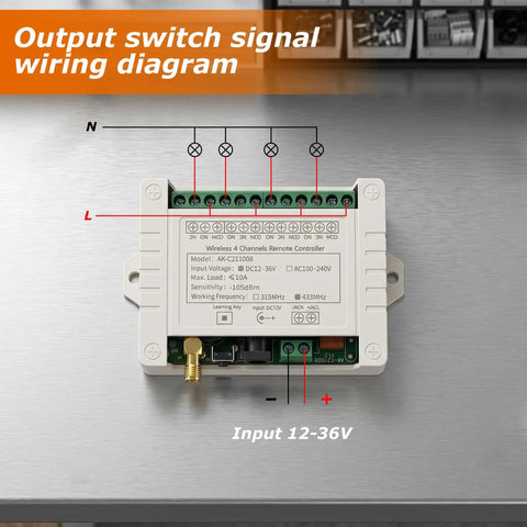 Four Channel 433 MHz Wireless Relay Switch Remote Control For Garage Door Opener And Industrial Control With 12V 24V 36V DC Compatibility Up To 600 Feet Long Range Transmitter wiring diagram, 4-channel module