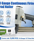 Heavy Duty Pneumatic Brad Nailer With Eighteen Gauge Nails From Three Eighths To One And A Quarter Inch Continuous Firing Includes Five Thousand Nails Air Powered Finish Nail Gun For Windows Doors And Cabinets, showing trigger and nail capacity