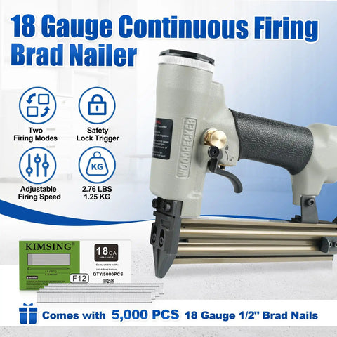 Heavy Duty Pneumatic Brad Nailer With Eighteen Gauge Nails From Three Eighths To One And A Quarter Inch Continuous Firing Includes Five Thousand Nails Air Powered Finish Nail Gun For Windows Doors And Cabinets, showing trigger and nail capacity