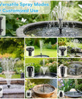 Collage showing 6.5W Solar Fountain Pump with 8 nozzle modes in use, enhancing bird baths and garden ponds.