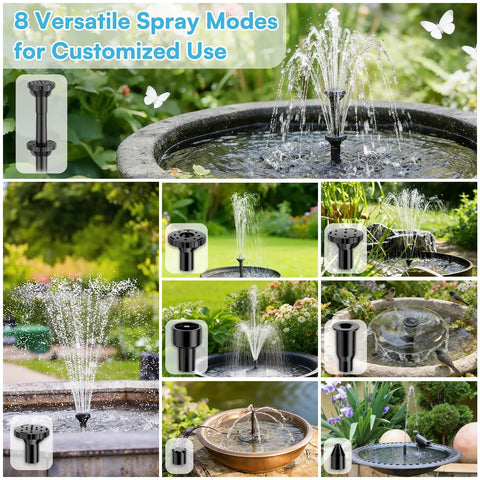 Collage showing 6.5W Solar Fountain Pump with 8 nozzle modes in use, enhancing bird baths and garden ponds.