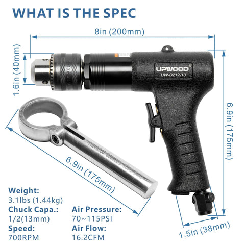 Heavy Duty Half Inch Reversible Air Drill With Pistol Grip, 700 RPM, One Hand Operation, Industrial Grade Keyed Chuck, Diffused Exhaust Blows Debris Away, Built Tough Workhorse Comfort Grip, Half Inch Capacity