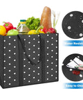Black polka dot grocery bag filled with groceries, highlighted features: 10 Pack Reusable Grocery Bags For Shopping And Picnics With 35L Large Capacity Heavy Duty Waterproof Tote Bags Sturdy Handles For Carrying Heavy Groceries Eco Friendly Market Run Essentials.