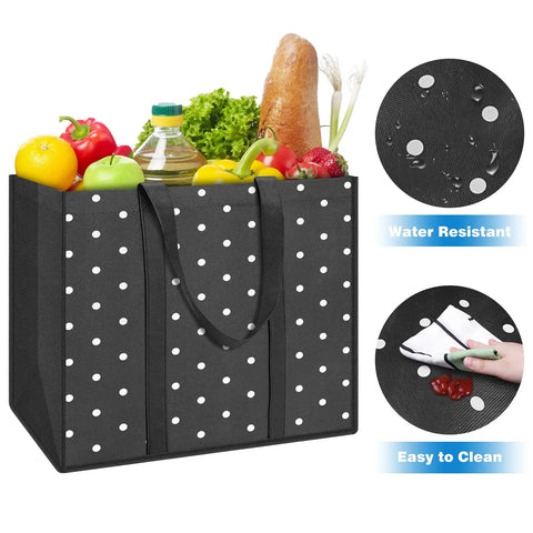 Black polka dot grocery bag filled with groceries, highlighted features: 10 Pack Reusable Grocery Bags For Shopping And Picnics With 35L Large Capacity Heavy Duty Waterproof Tote Bags Sturdy Handles For Carrying Heavy Groceries Eco Friendly Market Run Essentials.