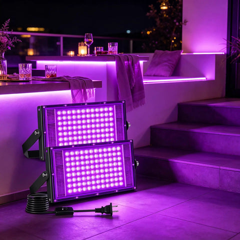 2 Pack 100W Black Light Flood Light Blacklight for Glow Party, dual lights showing intense purple illumination, outdoor usage.