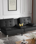 Futon Sofa Bed Convertible Lounge With Adjustable Back Three Positions 120 160 180 Degrees Removable Armrests Two Cup Holders PU Leather Black
