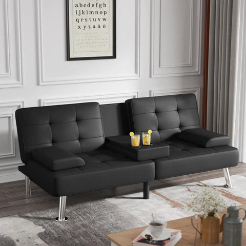 Futon Sofa Bed Convertible Lounge With Adjustable Back Three Positions 120 160 180 Degrees Removable Armrests Two Cup Holders PU Leather Black