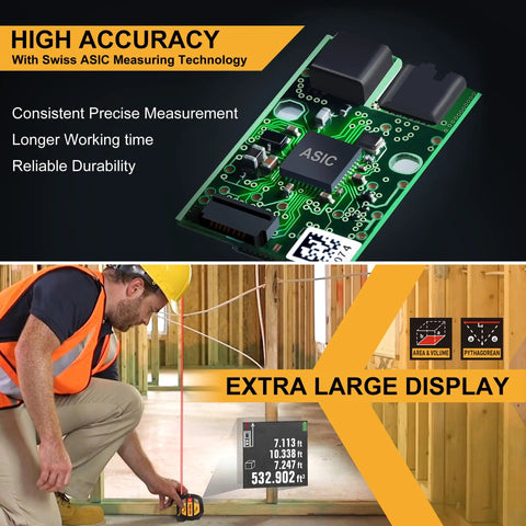 2-In-1 Laser Tape Measure With 135 Ft Range, Rechargeable Distance Tool And 16 Ft Manual Tape, High-Precision Readings Within 1/8 Inch, Six Modes Including Distance, Continuous, Area, Volume, And Two-Point Pythagorean Method, shown on job site