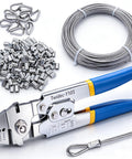 Beefy Heavy Duty Wire Rope Crimping Tool Up To 2.2mm Swaging Kit with 160 aluminum crimp sleeves, 66 ft wire rope, and 12 thimbles.