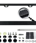 Slick Pure Carbon Fiber License Plate Frame For Cars Featuring Ultra Smooth Polished Surface and mount brackets with installation kit.