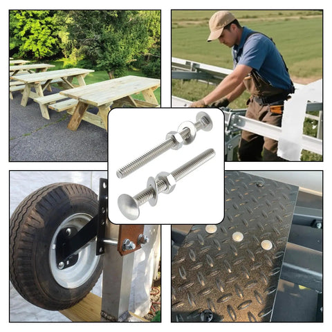 Eight Piece Stainless Steel Carriage Bolt Kit With Quarter Twenty Bolts, Hex Nuts And Flat Washers shown with outdoor applications