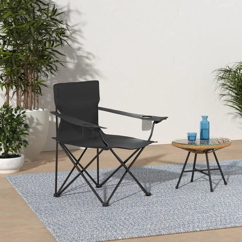 Black Foldable Camping Chair for Adults on patio with small table, Set Of 2, Large Portable Lawn Chairs For Outdoors, Supports 275 Lbs.