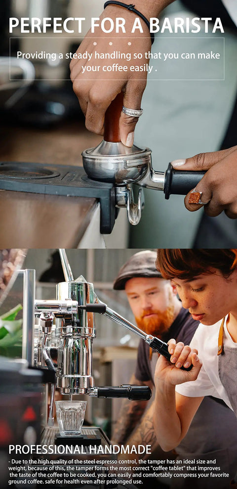 51mm Espresso Tamper With Stainless Steel Flat Base And Solid Wood Handle For 51mm Portafilters in use by baristas