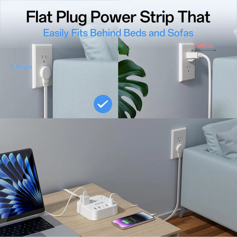 5Ft Power Strip With USB Ports Plus 1 USB-C, Non Surge Protector For Travel Cruise Ship Home And Office on desk