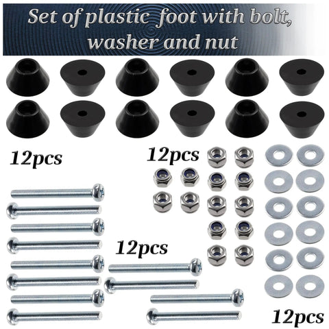 Pro Level Round Furniture Glide Feet Kit With Every Screw And Nut You Need Black Plastic Bottom Runners hardware set including gliders, screws, and nuts.