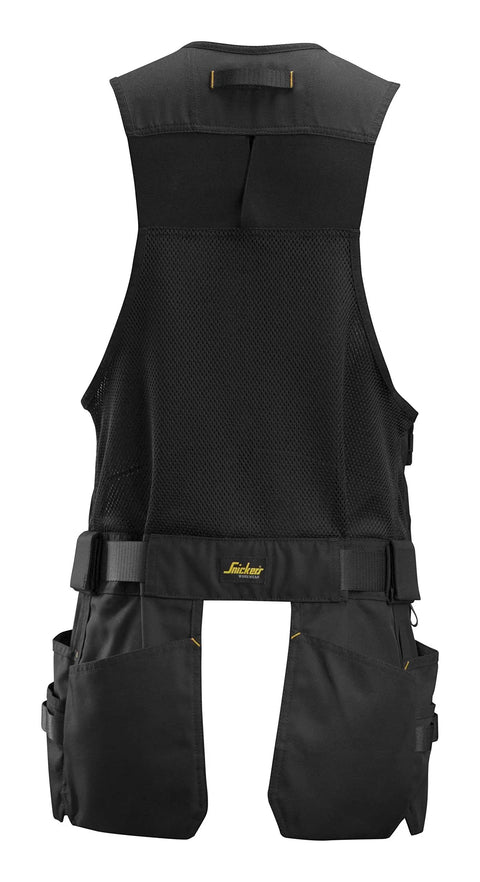 Back view of Allround Work Tool Vest For Men With Tons Of Pockets, Rugged Durable Build, Adjustable Side Fit For Comfort On The Job, Black Utility Vest In XL Size For Real Pro Job Sites.