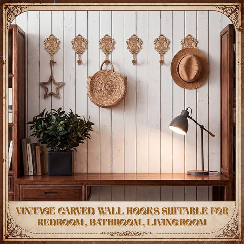 Built Tough Six Pack Vintage Curtain Tieback Hooks With Real Sharp Carved Rose Design Heavy Duty Cast Iron Wall Hooks For Coats Towels Keys Ready To Hang Gold Finish displayed with accessories.