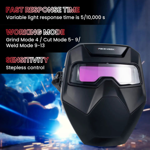 Auto Darkening Welding Goggles Kit With Welder Mask And 10 Replacement Lenses showing face shield and sensitivity controls.