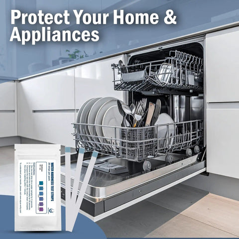 Water Hardness Test Strips Pack Of 20 Reads Calcium And Magnesium In 30 Seconds Fast Accurate Kit shown with open dishwasher.