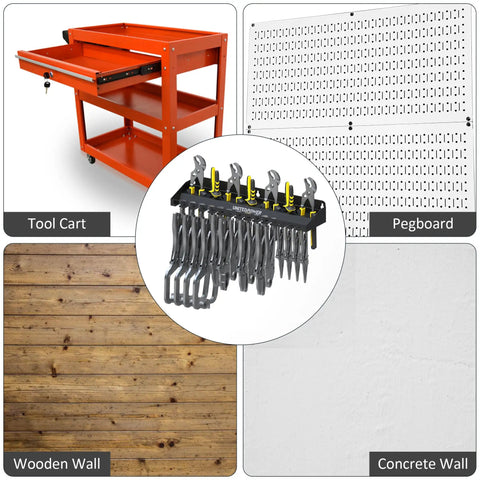 Vise Grip Holder Wall Mount Rack for Pliers and Vises with pegboard, tool cart, wooden and concrete wall options.