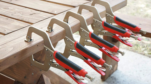 Locking Face Clamp 11 Inch Portable Table Vise Grip For Home Shop And Welding Beefy Heavy Duty Carbon Steel With Swivel Pads Tight Secure Hold For Woodworking And Metal Fabrication Projects on wood beam