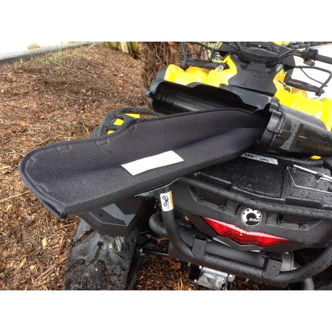 Black Ergonomic Gun Boot 6.0 Impact By Kolpin on ATV, extra room shown for pistol grip weapons, hatchback design open