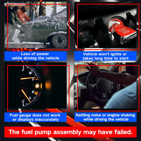 Signs of failed fuel pump: loss of power, ignition issues, fuel gauge inaccuracy, rattling noise; possible assembly failure.