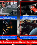 Symptoms of failed fuel pump assembly, showing loss of power, ignition issues, faulty fuel gauge, and vehicle noise.