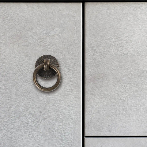 Close-up of Vintage Style Ring Pull Cabinet Handle in antique bronze on a white cabinet, single-hole, durable alloy.