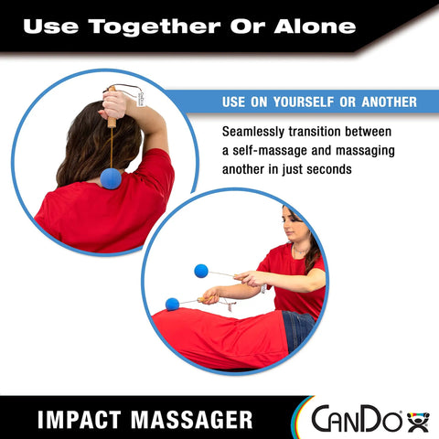 Two Pack Percussion Massage Tools For Sore Muscles And Total Body Relief, Manual Ball Massager in use on a person's back and legs.