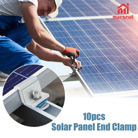 10 Pack Heavy Duty Solar Panel End Clamp Brackets mounted on solar array, adjustable, aluminum material, installation view.