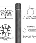 Half Inch Black Pipe Nipple 48 Inch Pack of 4 for DIY Vintage Furniture Build, showing black steel pipe, schedule 40, and specs.