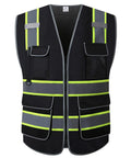 Men's Black High Visibility Safety Vest With Zip Front And Cargo Pockets Class 2 Reflective Work Vest Job Site Ready Crew Approved Ansi Compliant Utility Gear Built Tough, front view with reflective strips and cargo pockets.