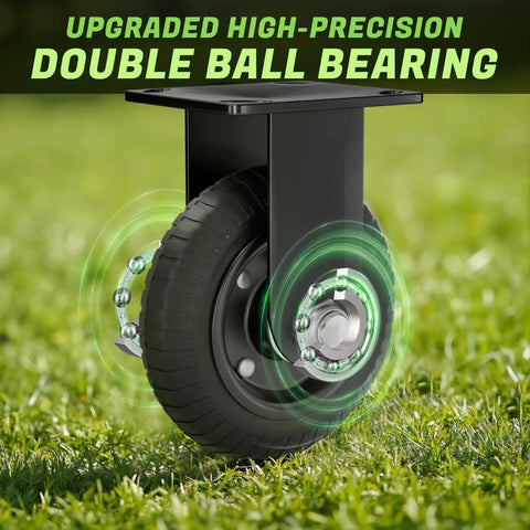 Close-up of Beefy 6 Inch Caster Wheels Set Of 2 With Solid Rubber 850Lb Heavy Duty Plate Casters Double Ball Bearing Knobby Tread