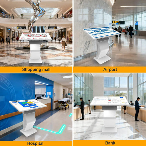 Top Notch 43 Inch Interactive Touch Screen Kiosk With Slick 10 Point Capacitive Panel For No Hassle Indoor Digital Signage And Rock Solid Windows Integration Over Full HD LCD in shopping mall, airport, hospital, and bank settings.